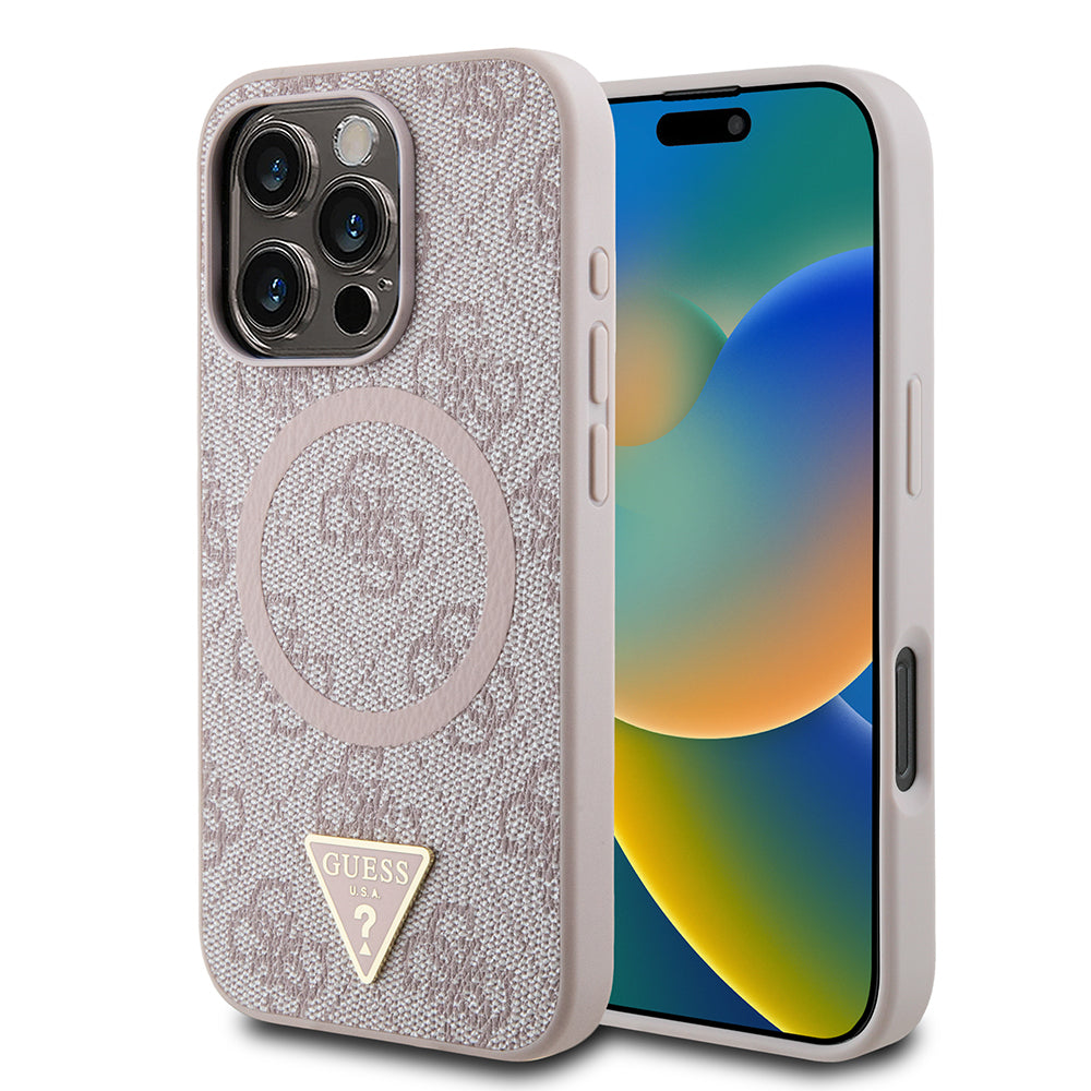 iPhone 16 Pro Kılıf Guess Orjinal Lisanslı M-safe Şarj Özellikli PU Üçgen Logo 4G Desenli Kapak