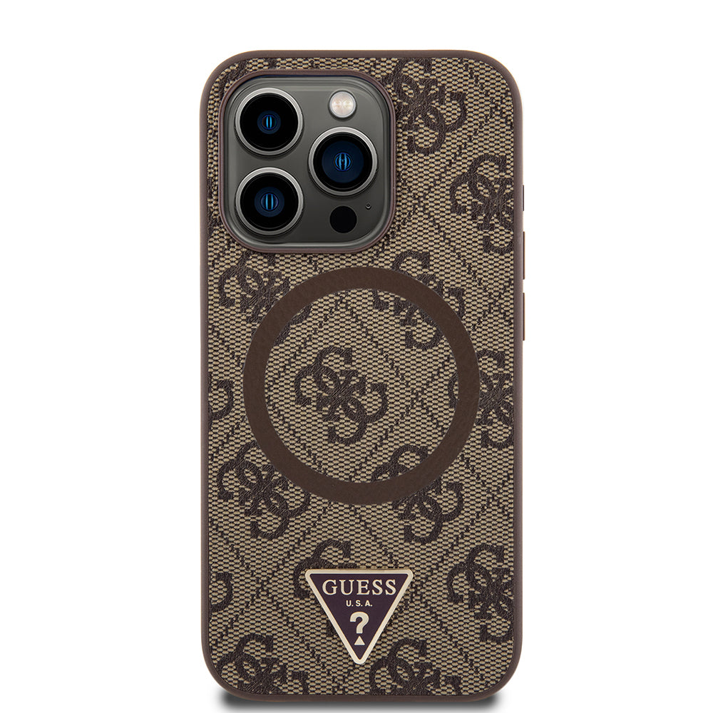 iPhone 16 Pro Kılıf Guess Orjinal Lisanslı M-safe Şarj Özellikli PU Üçgen Logo 4G Desenli Kapak