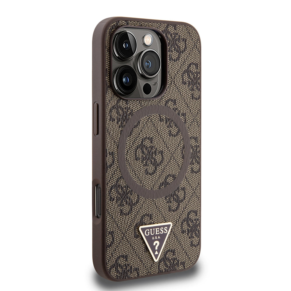 iPhone 16 Pro Kılıf Guess Orjinal Lisanslı M-safe Şarj Özellikli PU Üçgen Logo 4G Desenli Kapak