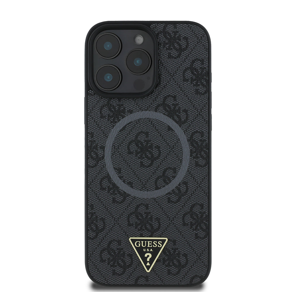 iPhone 16 Pro Kılıf Guess Orjinal Lisanslı M-safe Şarj Özellikli PU Üçgen Logo 4G Desenli Kapak