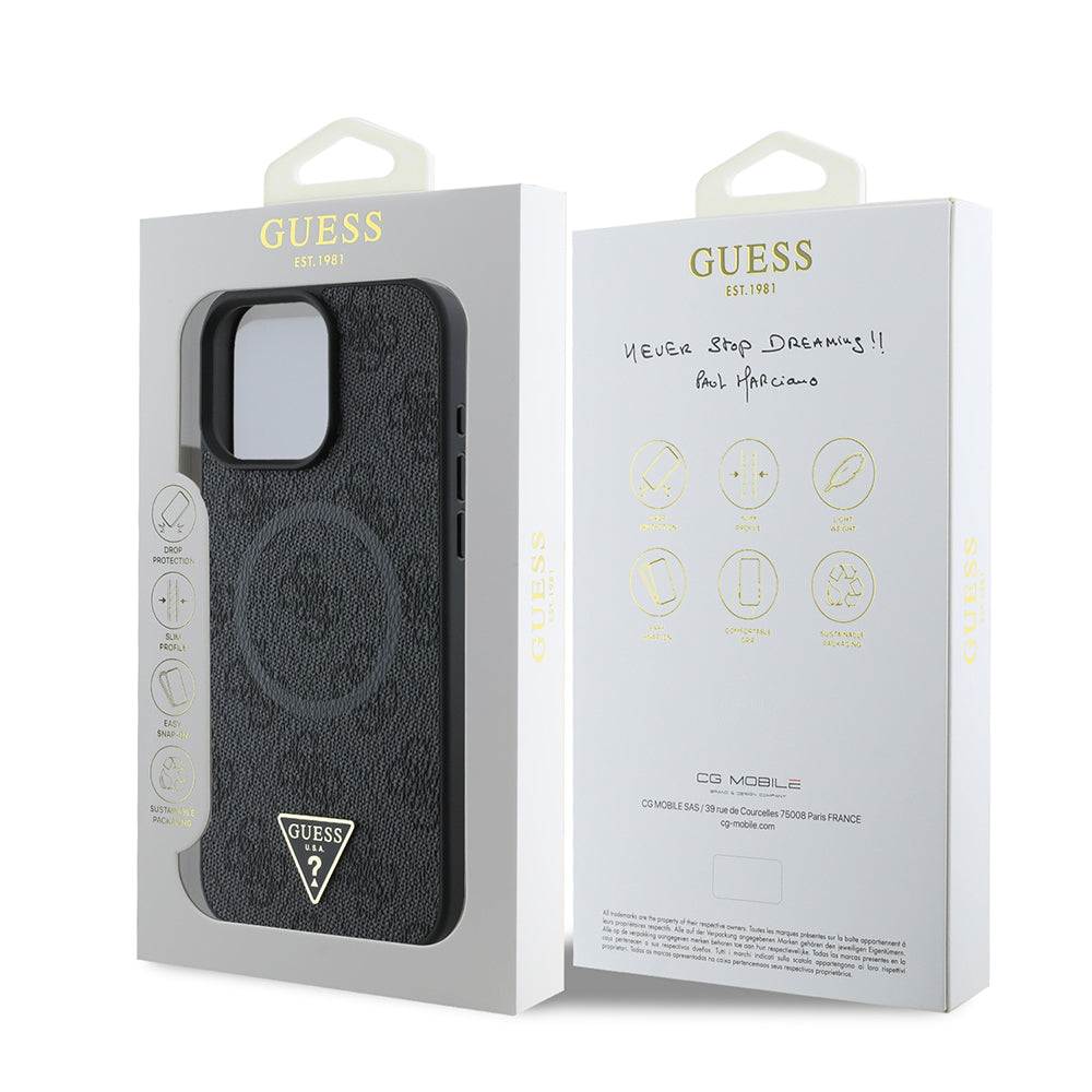 iPhone 16 Pro Kılıf Guess Orjinal Lisanslı M-safe Şarj Özellikli PU Üçgen Logo 4G Desenli Kapak