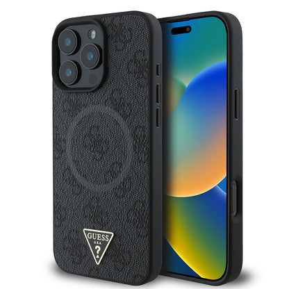 iPhone 16 Pro Kılıf Guess Orjinal Lisanslı M-safe Şarj Özellikli PU Üçgen Logo 4G Desenli Kapak