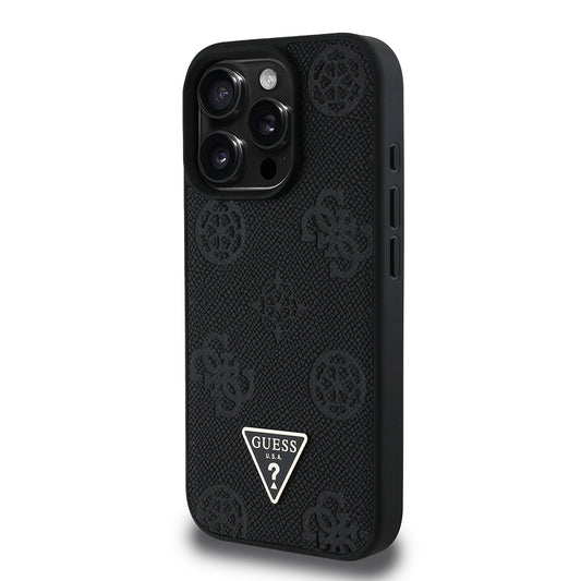iPhone 16 Pro Kılıf Guess Orjinal Lisanslı M-safe Şarj Özellikli Sıcak Baskılı Üçgen Logolu PU Deri Peony Kapak