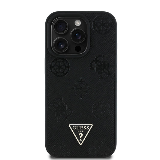 iPhone 16 Pro Kılıf Guess Orjinal Lisanslı M-safe Şarj Özellikli Sıcak Baskılı Üçgen Logolu PU Deri Peony Kapak