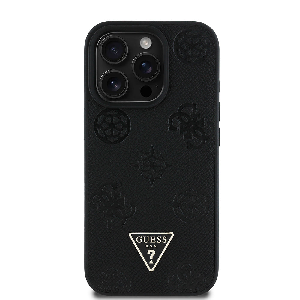 iPhone 16 Pro Kılıf Guess Orjinal Lisanslı M-safe Şarj Özellikli Sıcak Baskılı Üçgen Logolu PU Deri Peony Kapak
