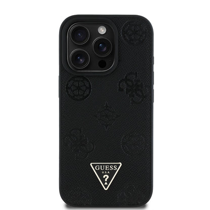 iPhone 16 Pro Kılıf Guess Orjinal Lisanslı M-safe Şarj Özellikli Sıcak Baskılı Üçgen Logolu PU Deri Peony Kapak