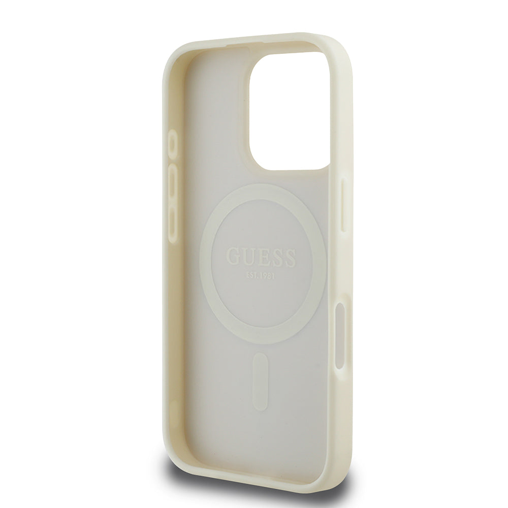 iPhone 16 Pro Kılıf Guess Orjinal Lisanslı M-safe Şarj Özellikli Sıcak Baskılı Üçgen Logolu PU Deri Peony Kapak