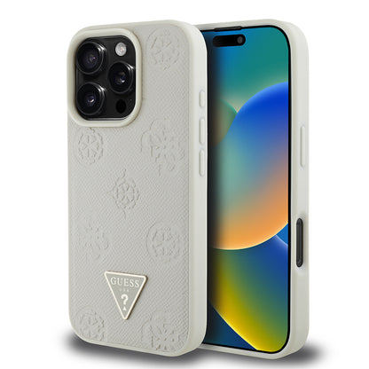iPhone 16 Pro Kılıf Guess Orjinal Lisanslı M-safe Şarj Özellikli Sıcak Baskılı Üçgen Logolu PU Deri Peony Kapak