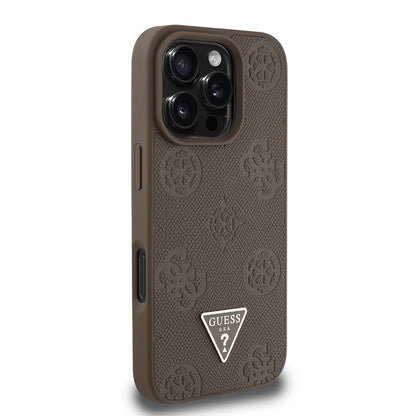 iPhone 16 Pro Kılıf Guess Orjinal Lisanslı M-safe Şarj Özellikli Sıcak Baskılı Üçgen Logolu PU Deri Peony Kapak