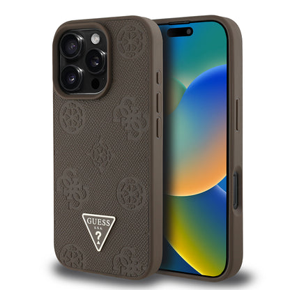iPhone 16 Pro Kılıf Guess Orjinal Lisanslı M-safe Şarj Özellikli Sıcak Baskılı Üçgen Logolu PU Deri Peony Kapak