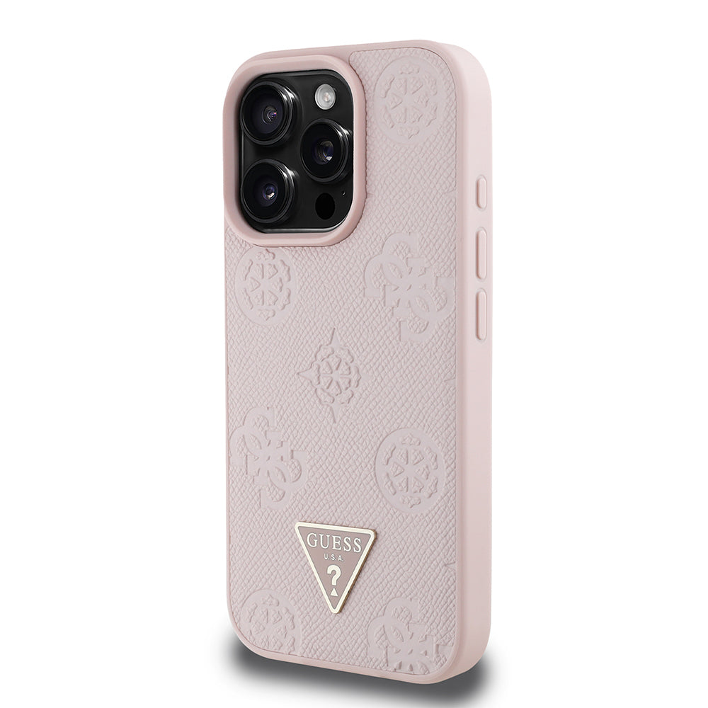 iPhone 16 Pro Kılıf Guess Orjinal Lisanslı M-safe Şarj Özellikli Sıcak Baskılı Üçgen Logolu PU Deri Peony Kapak