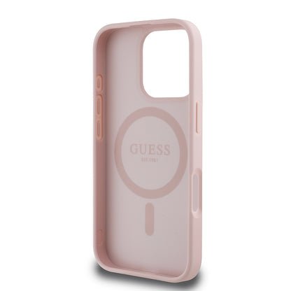 iPhone 16 Pro Kılıf Guess Orjinal Lisanslı M-safe Şarj Özellikli Sıcak Baskılı Üçgen Logolu PU Deri Peony Kapak