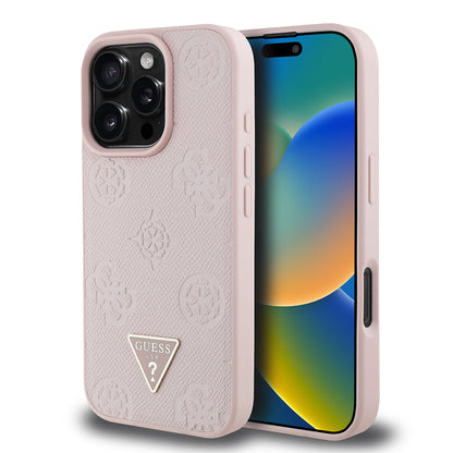 iPhone 16 Pro Kılıf Guess Orjinal Lisanslı M-safe Şarj Özellikli Sıcak Baskılı Üçgen Logolu PU Deri Peony Kapak