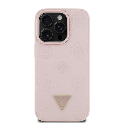 iPhone 16 Pro Kılıf Guess Orjinal Lisanslı M-safe Şarj Özellikli Sıcak Baskılı Üçgen Logolu PU Deri Peony Kapak