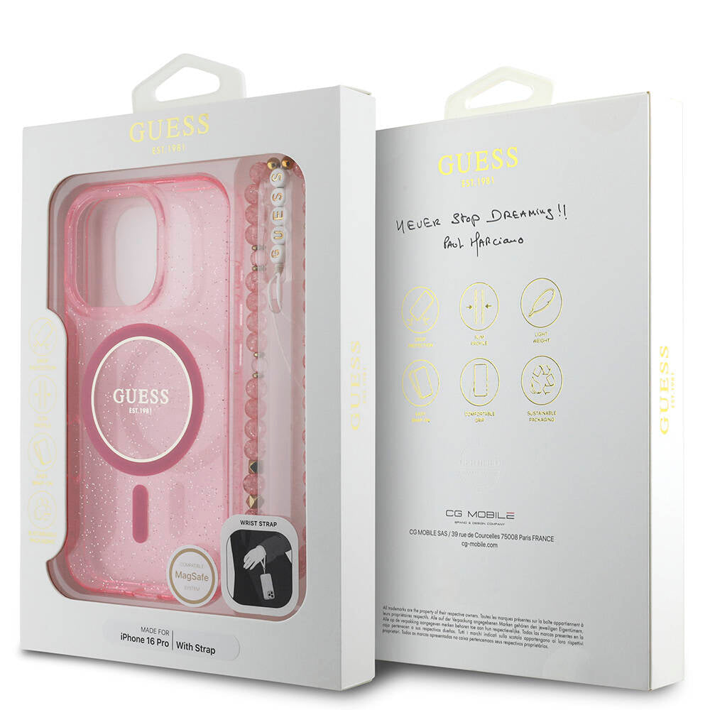 iPhone 16 Pro Kılıf Guess Orjinal Lisanslı M-safe Şarj Özellikli Simli Silikon İnci Bileklikli Kapak