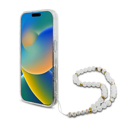 iPhone 16 Pro Kılıf Guess Orjinal Lisanslı M-safe Şarj Özellikli Simli Silikon İnci Bileklikli Kapak