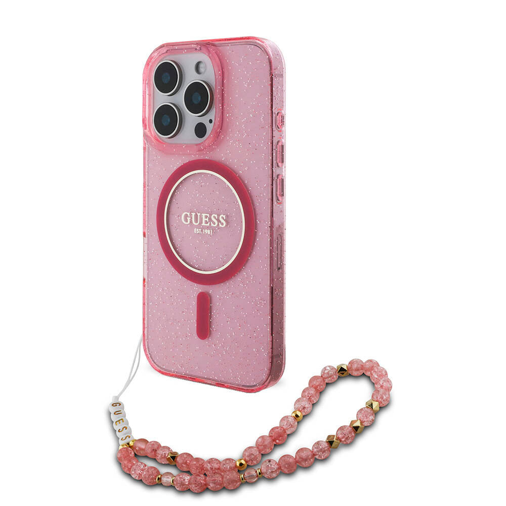iPhone 16 Pro Kılıf Guess Orjinal Lisanslı M-safe Şarj Özellikli Simli Silikon İnci Bileklikli Kapak