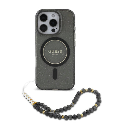 iPhone 16 Pro Kılıf Guess Orjinal Lisanslı M-safe Şarj Özellikli Simli Silikon İnci Bileklikli Kapak