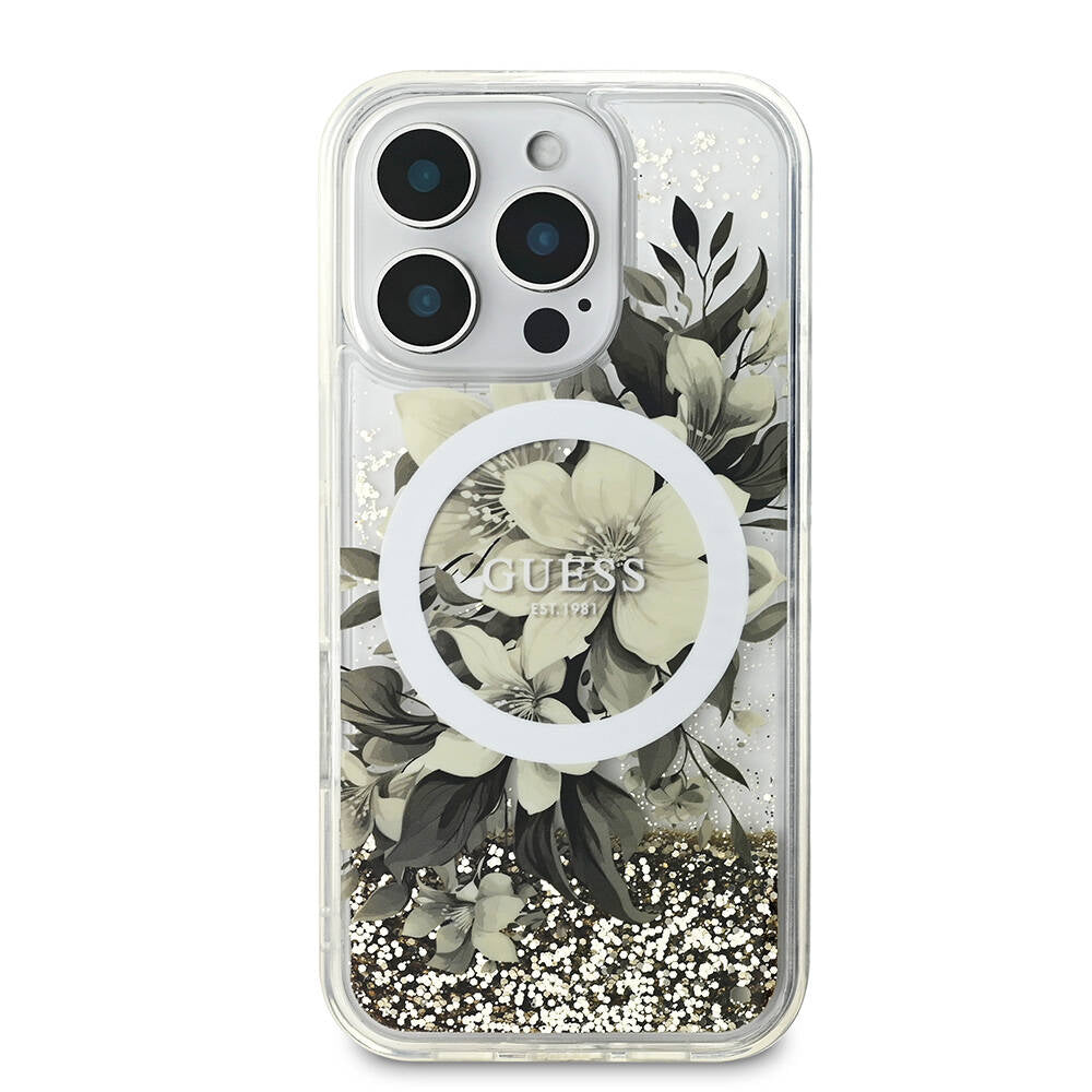 iPhone 16 Pro Kılıf Guess Orjinal Lisanslı M-safe Şarj Özellikli Sıvılı Simli Çiçek Desenli Kapak