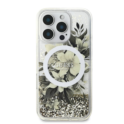 iPhone 16 Pro Kılıf Guess Orjinal Lisanslı M-safe Şarj Özellikli Sıvılı Simli Çiçek Desenli Kapak