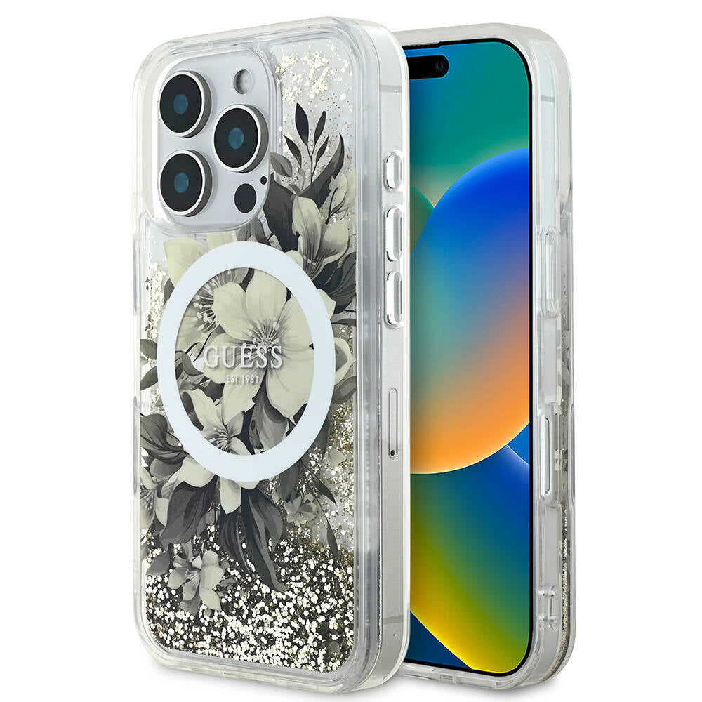 iPhone 16 Pro Kılıf Guess Orjinal Lisanslı M-safe Şarj Özellikli Sıvılı Simli Çiçek Desenli Kapak