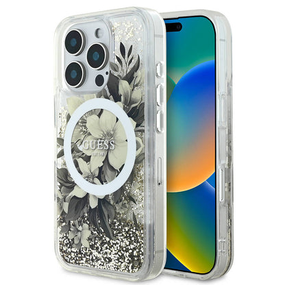 iPhone 16 Pro Kılıf Guess Orjinal Lisanslı M-safe Şarj Özellikli Sıvılı Simli Çiçek Desenli Kapak