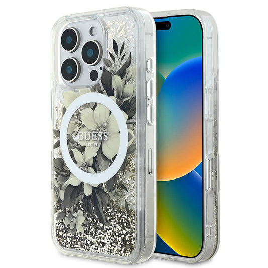 iPhone 16 Pro Kılıf Guess Orjinal Lisanslı M-safe Şarj Özellikli Sıvılı Simli Çiçek Desenli Kapak