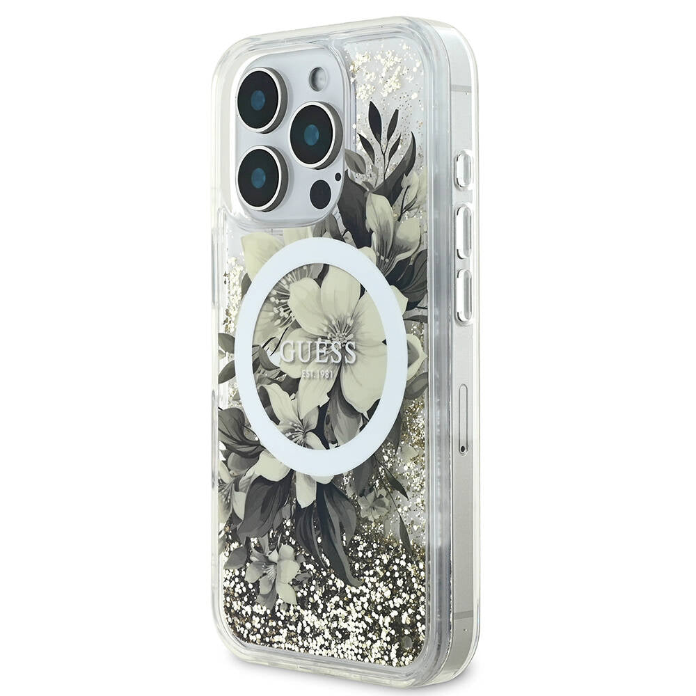 iPhone 16 Pro Kılıf Guess Orjinal Lisanslı M-safe Şarj Özellikli Sıvılı Simli Çiçek Desenli Kapak