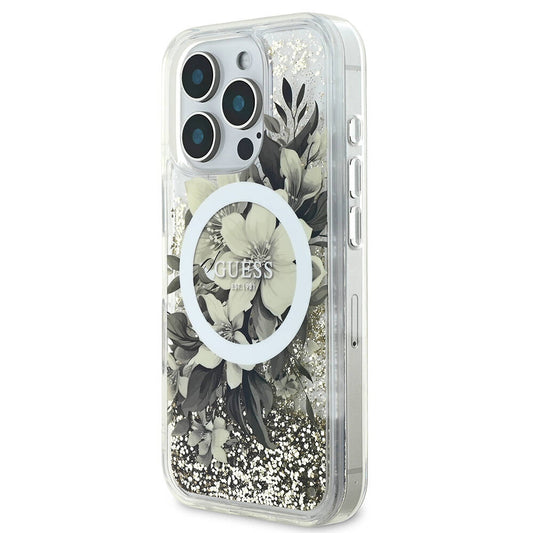 iPhone 16 Pro Kılıf Guess Orjinal Lisanslı M-safe Şarj Özellikli Sıvılı Simli Çiçek Desenli Kapak