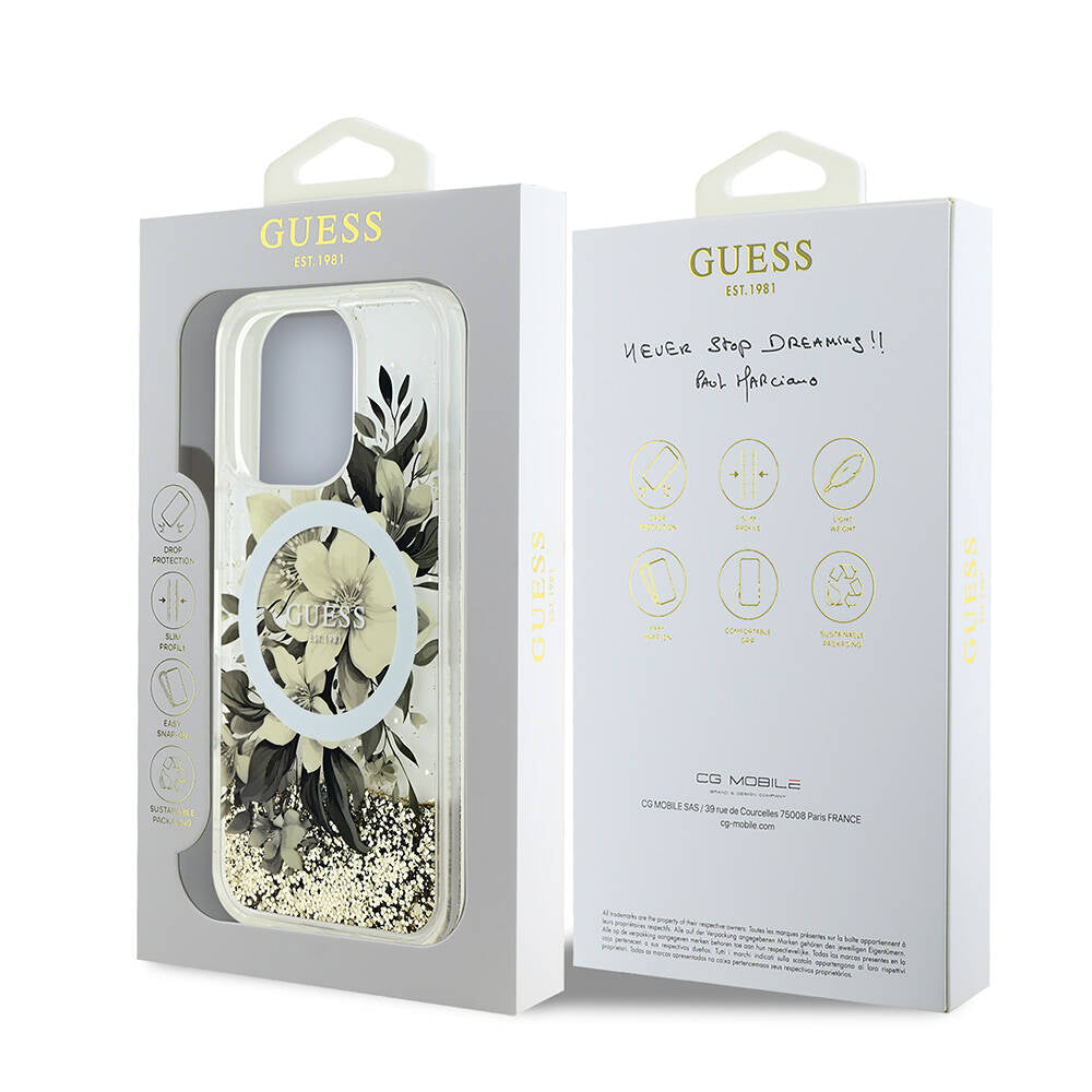 iPhone 16 Pro Kılıf Guess Orjinal Lisanslı M-safe Şarj Özellikli Sıvılı Simli Çiçek Desenli Kapak