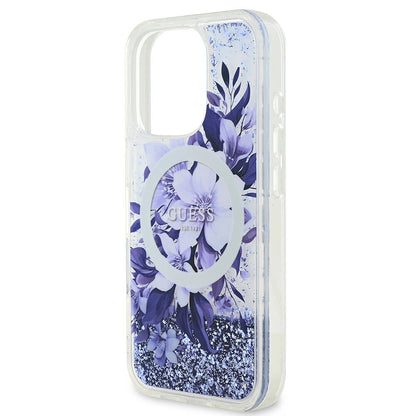 iPhone 16 Pro Kılıf Guess Orjinal Lisanslı M-safe Şarj Özellikli Sıvılı Simli Çiçek Desenli Kapak