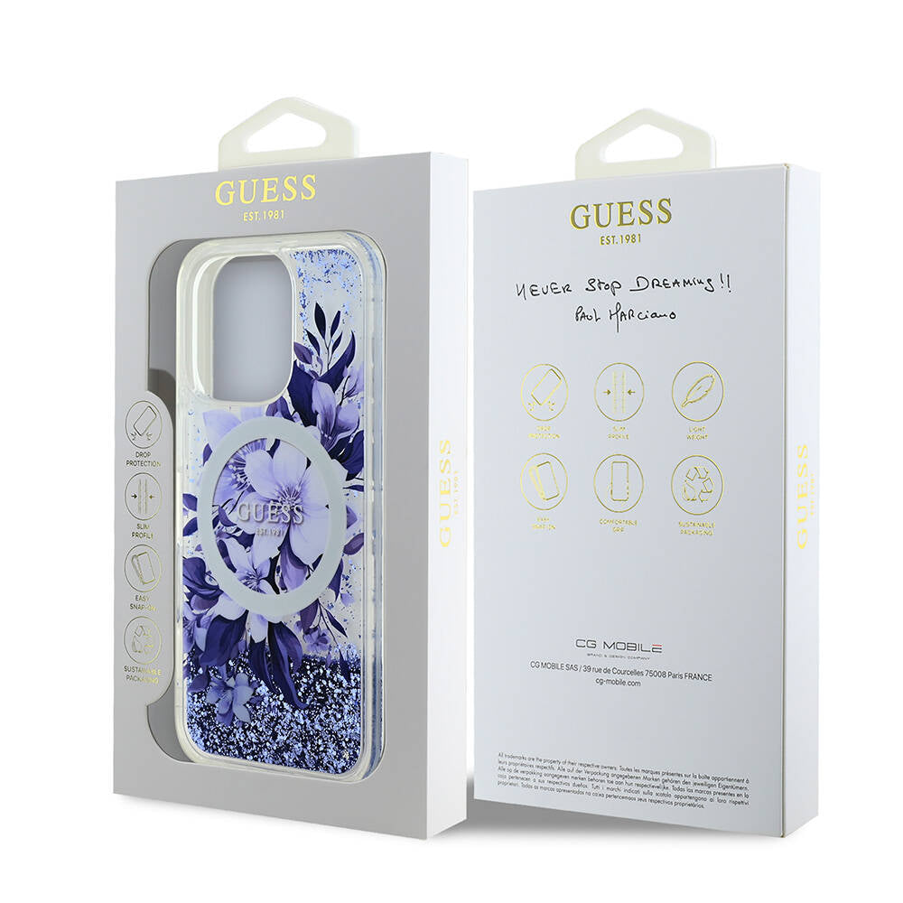 iPhone 16 Pro Kılıf Guess Orjinal Lisanslı M-safe Şarj Özellikli Sıvılı Simli Çiçek Desenli Kapak
