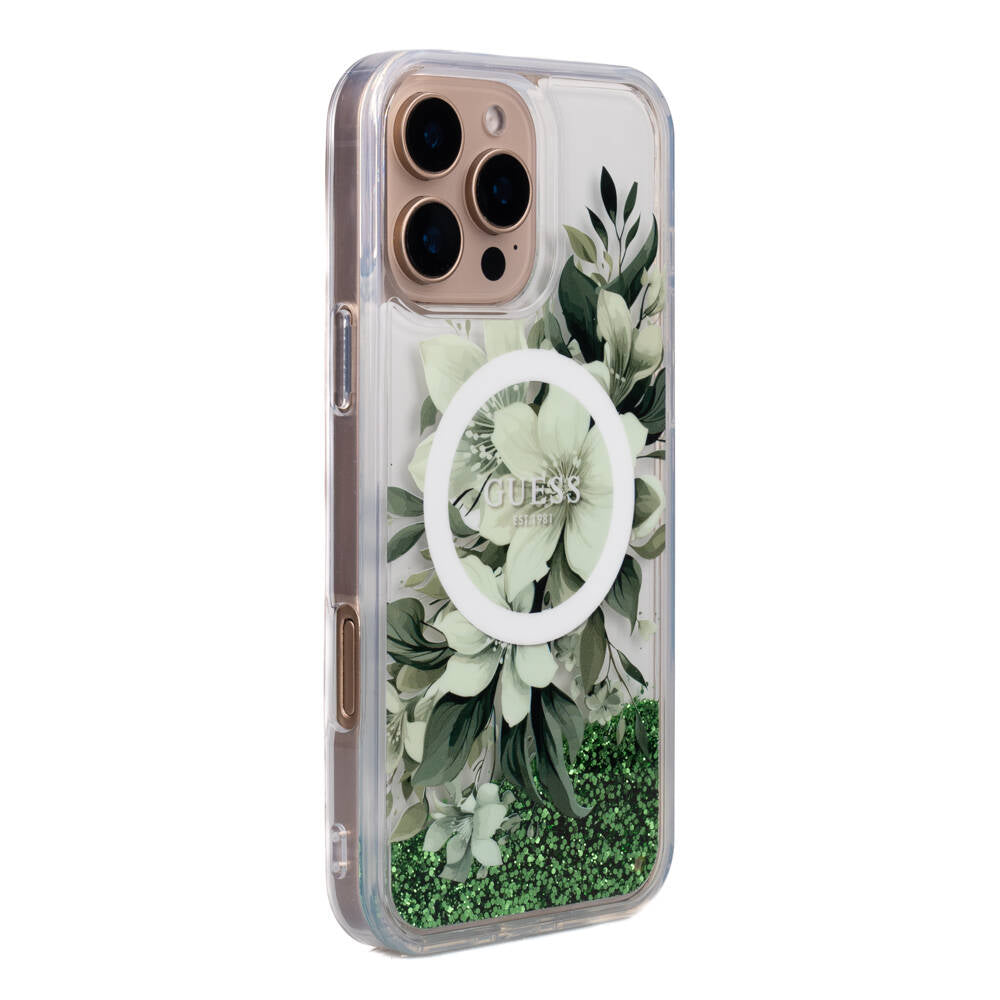 iPhone 16 Pro Kılıf Guess Orjinal Lisanslı M-safe Şarj Özellikli Sıvılı Simli Çiçek Desenli Kapak