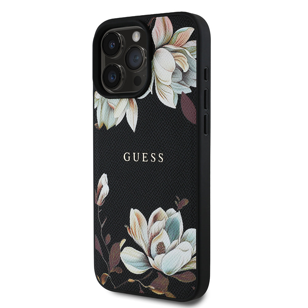 iPhone 16 Pro Kılıf Guess Orjinal Lisanslı M-safe Şarj Özellikli Taneli Çiçek Tasarımlı Metal Yazı Logolu Kapak