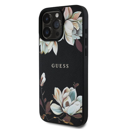 iPhone 16 Pro Kılıf Guess Orjinal Lisanslı M-safe Şarj Özellikli Taneli Çiçek Tasarımlı Metal Yazı Logolu Kapak