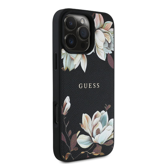 iPhone 16 Pro Kılıf Guess Orjinal Lisanslı M-safe Şarj Özellikli Taneli Çiçek Tasarımlı Metal Yazı Logolu Kapak