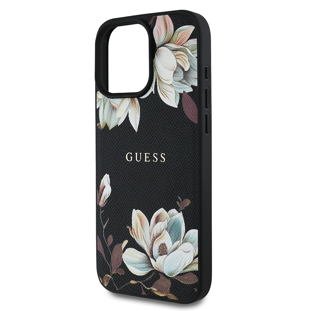 iPhone 16 Pro Kılıf Guess Orjinal Lisanslı M-safe Şarj Özellikli Taneli Çiçek Tasarımlı Metal Yazı Logolu Kapak