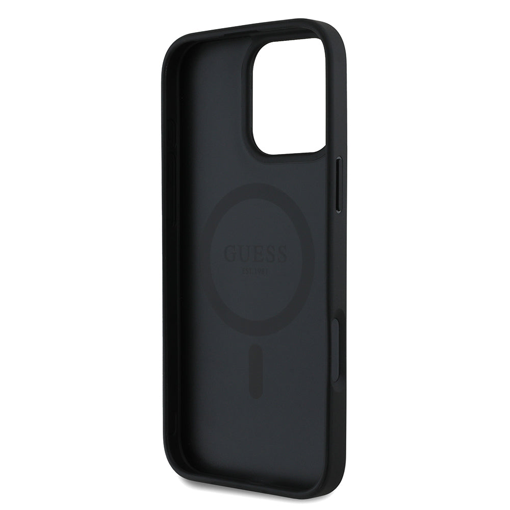 iPhone 16 Pro Kılıf Guess Orjinal Lisanslı M-safe Şarj Özellikli Taneli Çiçek Tasarımlı Metal Yazı Logolu Kapak