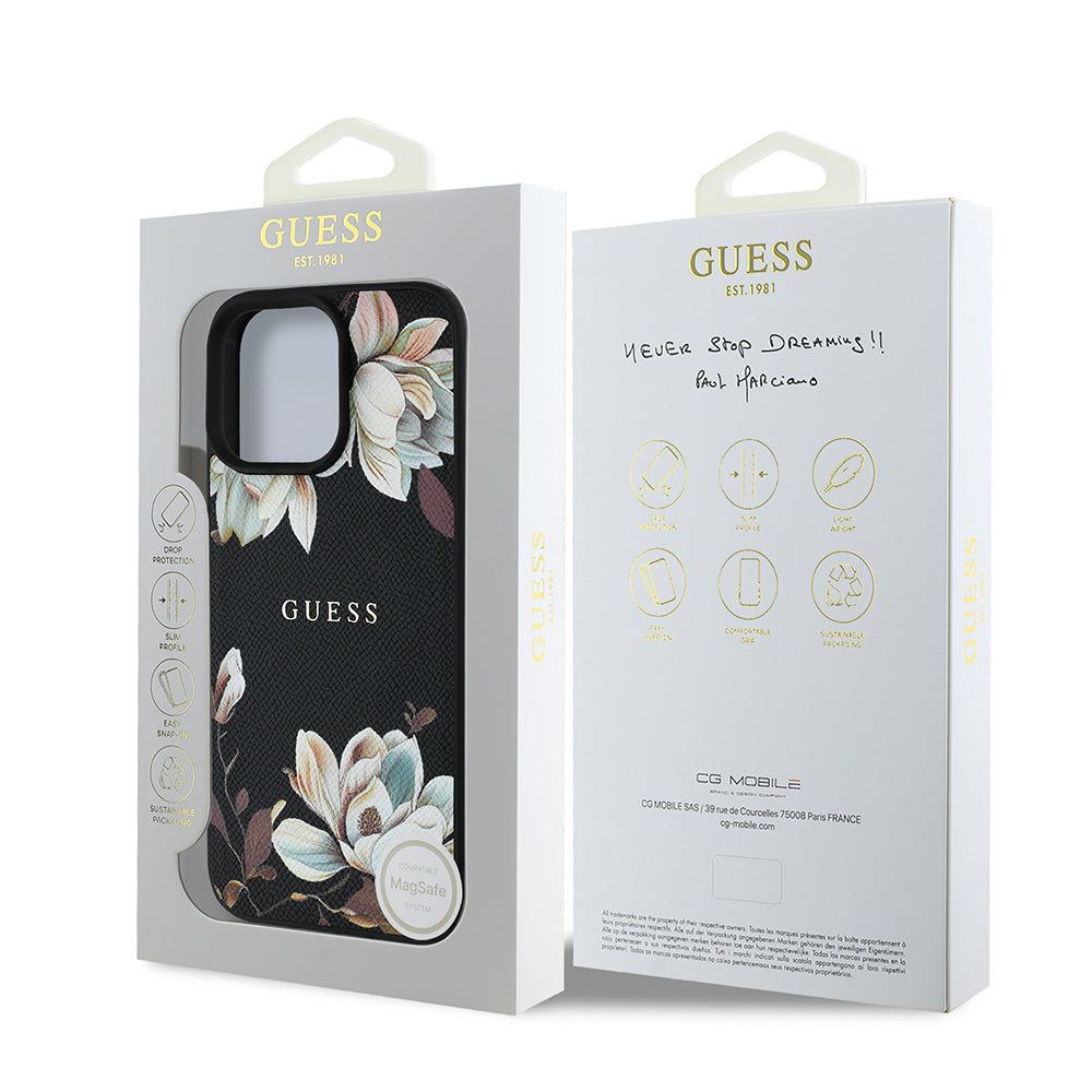 iPhone 16 Pro Kılıf Guess Orjinal Lisanslı M-safe Şarj Özellikli Taneli Çiçek Tasarımlı Metal Yazı Logolu Kapak