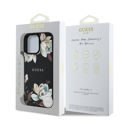 iPhone 16 Pro Kılıf Guess Orjinal Lisanslı M-safe Şarj Özellikli Taneli Çiçek Tasarımlı Metal Yazı Logolu Kapak