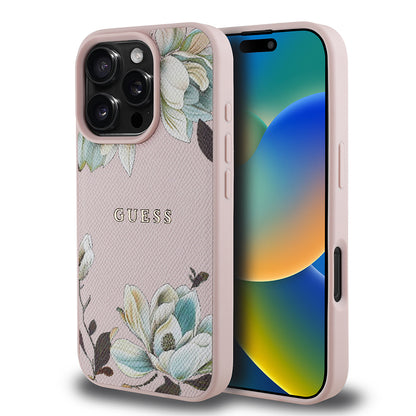 iPhone 16 Pro Kılıf Guess Orjinal Lisanslı M-safe Şarj Özellikli Taneli Çiçek Tasarımlı Metal Yazı Logolu Kapak