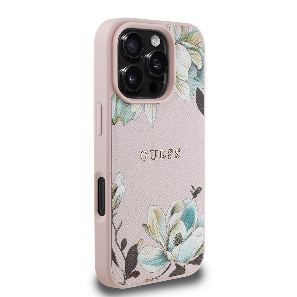 iPhone 16 Pro Kılıf Guess Orjinal Lisanslı M-safe Şarj Özellikli Taneli Çiçek Tasarımlı Metal Yazı Logolu Kapak