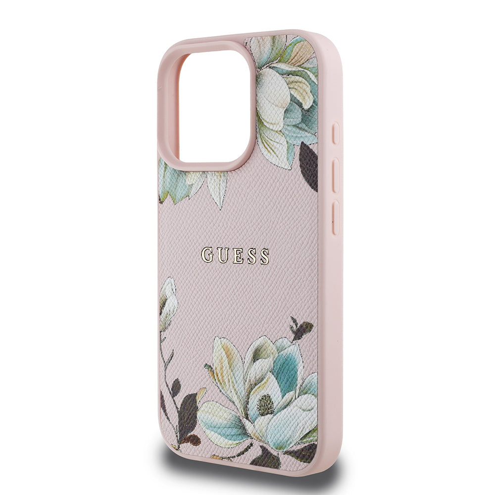 iPhone 16 Pro Kılıf Guess Orjinal Lisanslı M-safe Şarj Özellikli Taneli Çiçek Tasarımlı Metal Yazı Logolu Kapak