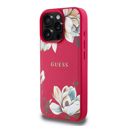 iPhone 16 Pro Kılıf Guess Orjinal Lisanslı M-safe Şarj Özellikli Taneli Çiçek Tasarımlı Metal Yazı Logolu Kapak