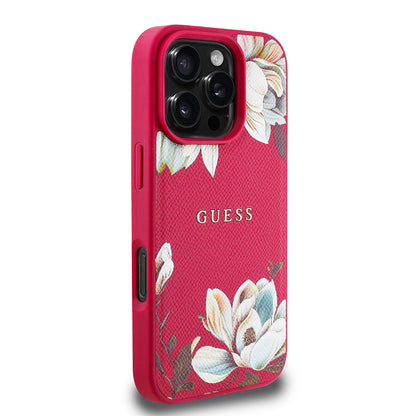 iPhone 16 Pro Kılıf Guess Orjinal Lisanslı M-safe Şarj Özellikli Taneli Çiçek Tasarımlı Metal Yazı Logolu Kapak