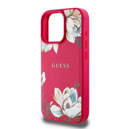 iPhone 16 Pro Kılıf Guess Orjinal Lisanslı M-safe Şarj Özellikli Taneli Çiçek Tasarımlı Metal Yazı Logolu Kapak