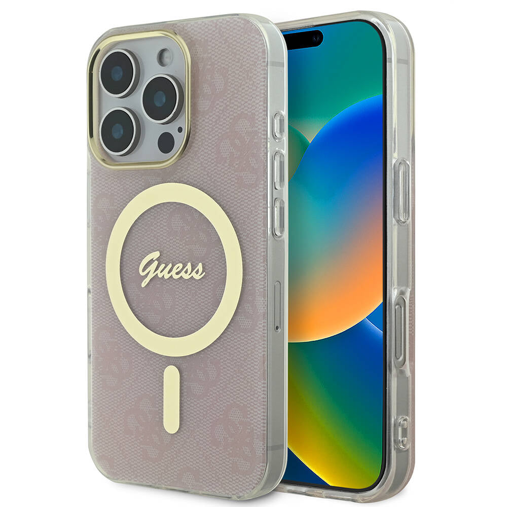 iPhone 16 Pro Kılıf Guess Orjinal Lisanslı M-safe Şarj Özellikli Yazı Logolu 4G Desenli Kapak