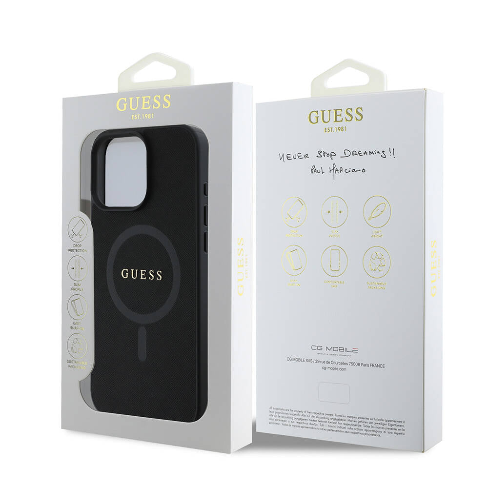 iPhone 16 Pro Kılıf Guess Orjinal Lisanslı M-safe Şarj Özellikli Yazı Logolu Saffiano Classic Kapak