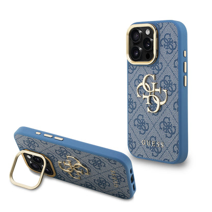 iPhone 16 Pro Kılıf Guess Orjinal Lisanslı PU Deri 4G Desenli Metal Büyük 4G ve Yazı Logolu Kamera Standlı Kapak