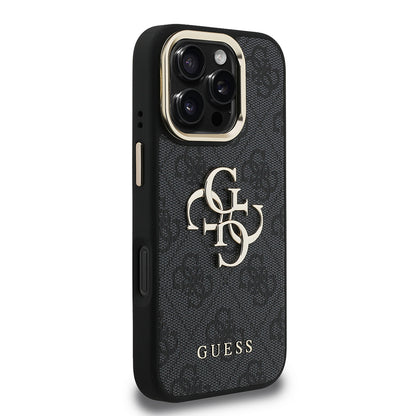 iPhone 16 Pro Kılıf Guess Orjinal Lisanslı PU Deri 4G Desenli Metal Büyük 4G ve Yazı Logolu Kamera Standlı Kapak